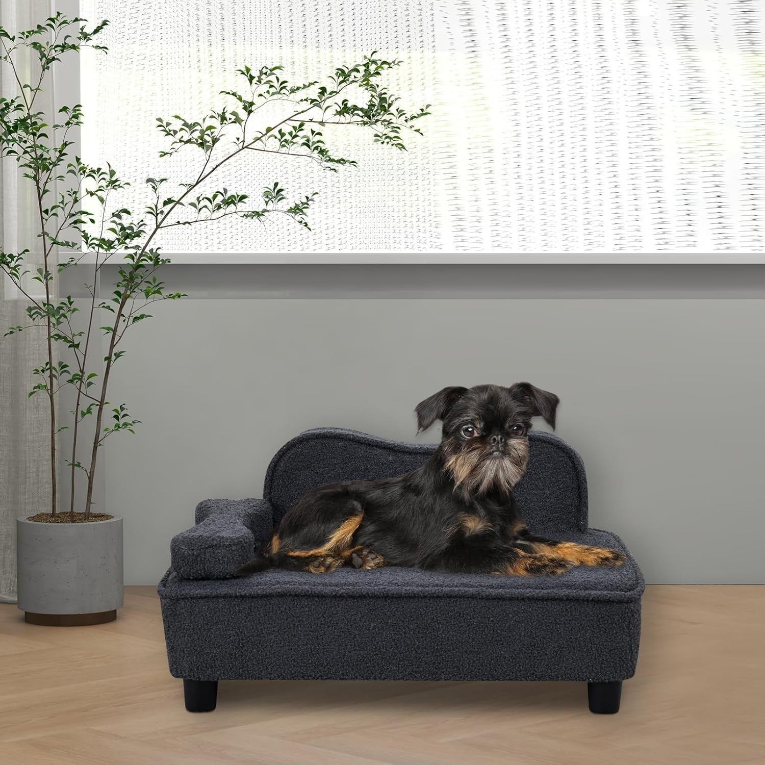 Pet Sofa Bed Teddy Velvet Dog Cat Couch w Wood Base Grey