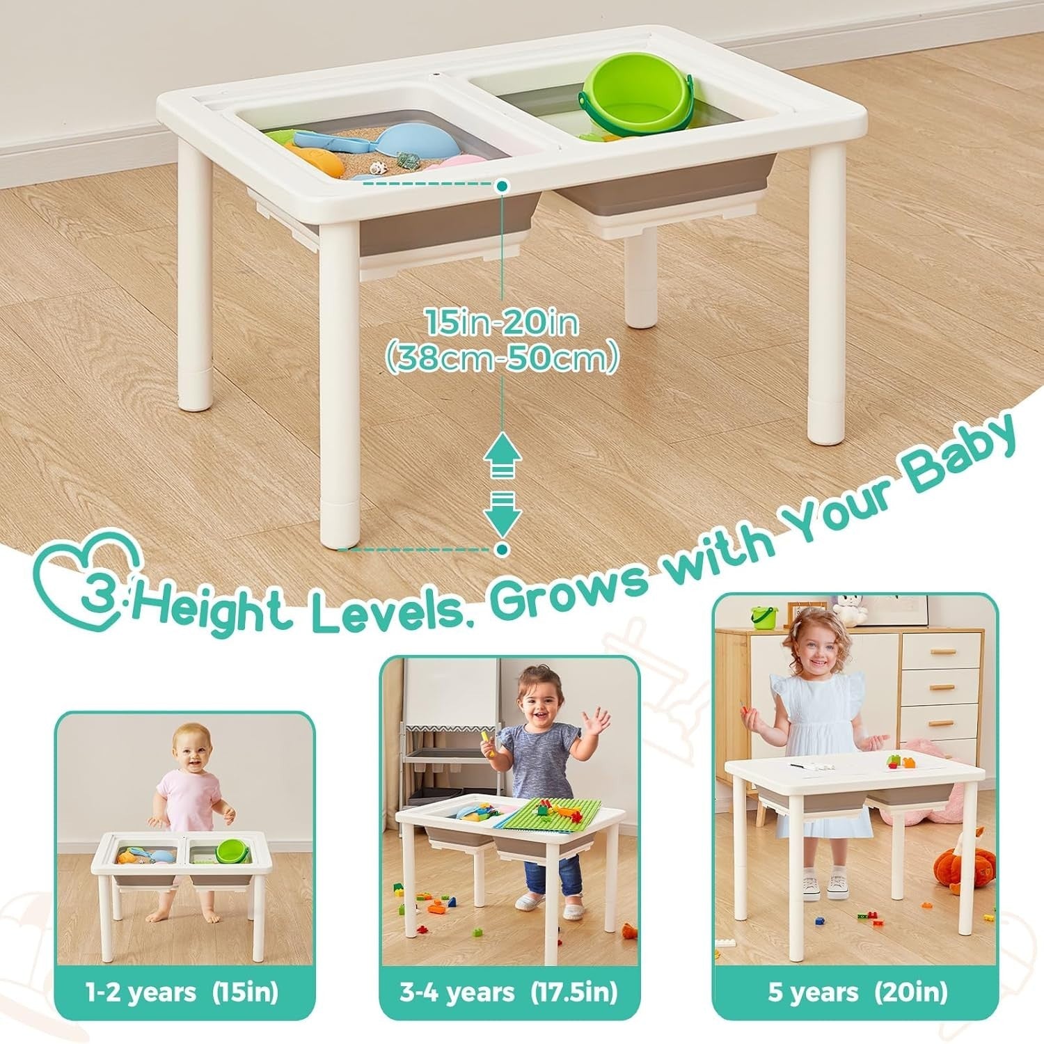 Adjustable Kids Sensory Table with 2 Bins, Sand & Water Play, White Pine Wood