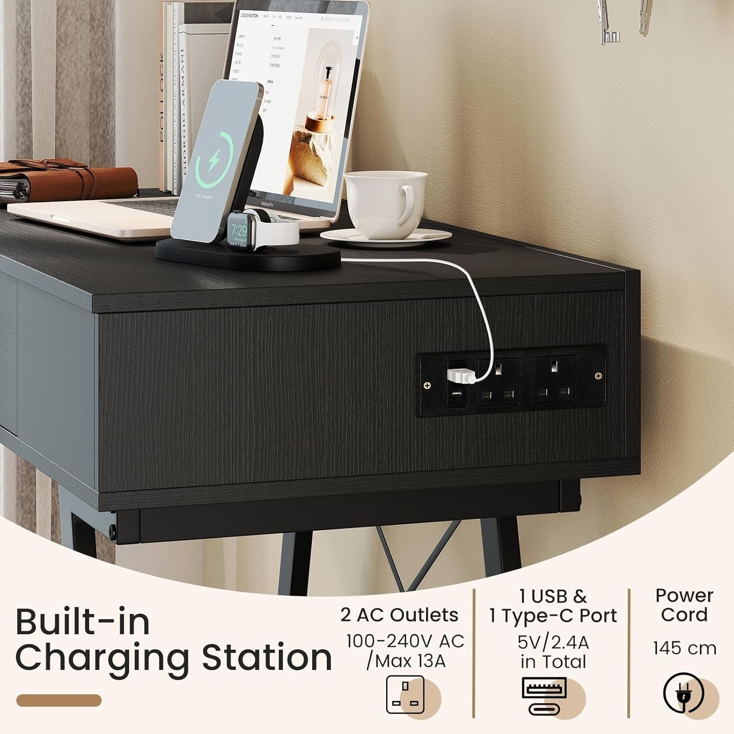 Dressing Table with Mirror Flip Top & Charging Station Vanity Desk Drawers