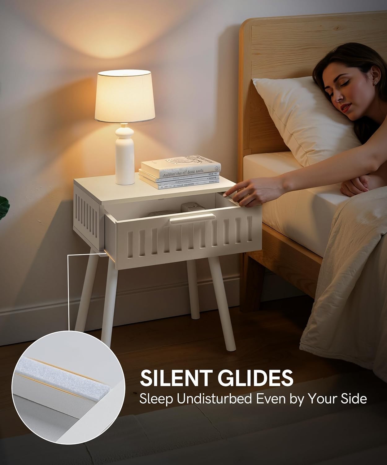 Modern White Bedside Tables Set of 2 with Drawer, Solid Wood Legs 50x45x16cm