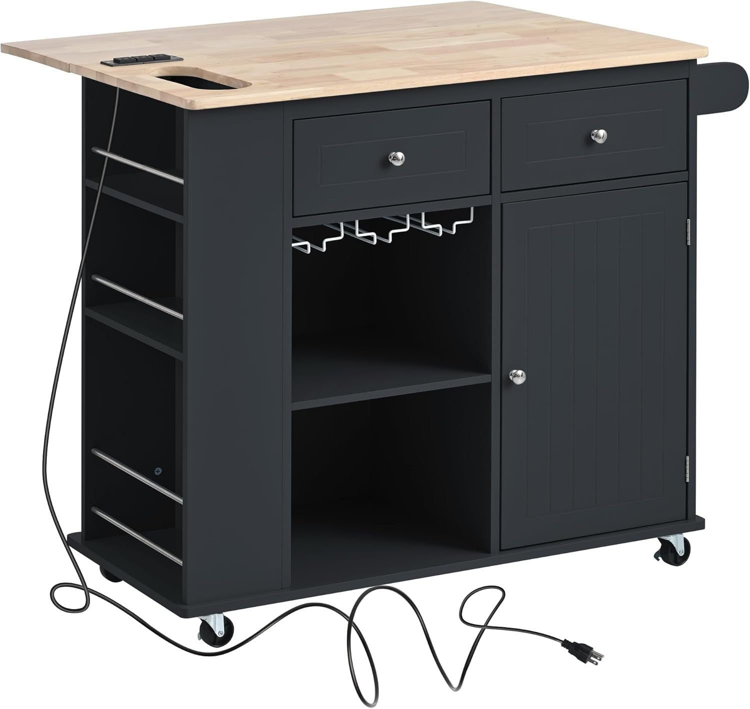 Rolling Kitchen Island Cart with Drop Leaf, Power Outlet & Wine Rack, Black