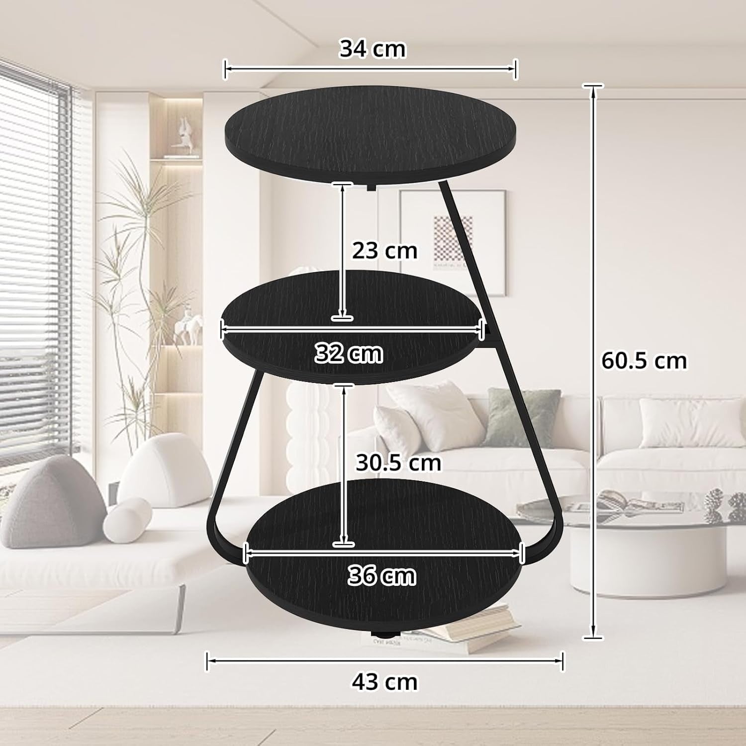 Set of 2 LED Bedside Tables – 3 Tier Round End Tables with Storage Black