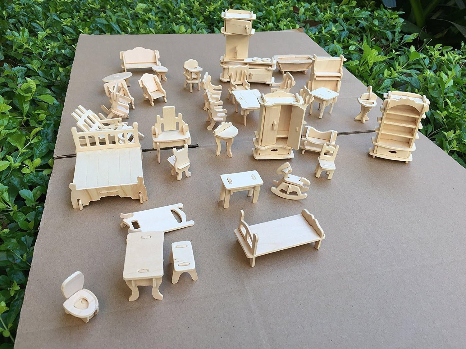 Wooden Dollhouse Furniture Set - 34 Pieces Miniature DIY Kit, Paintable