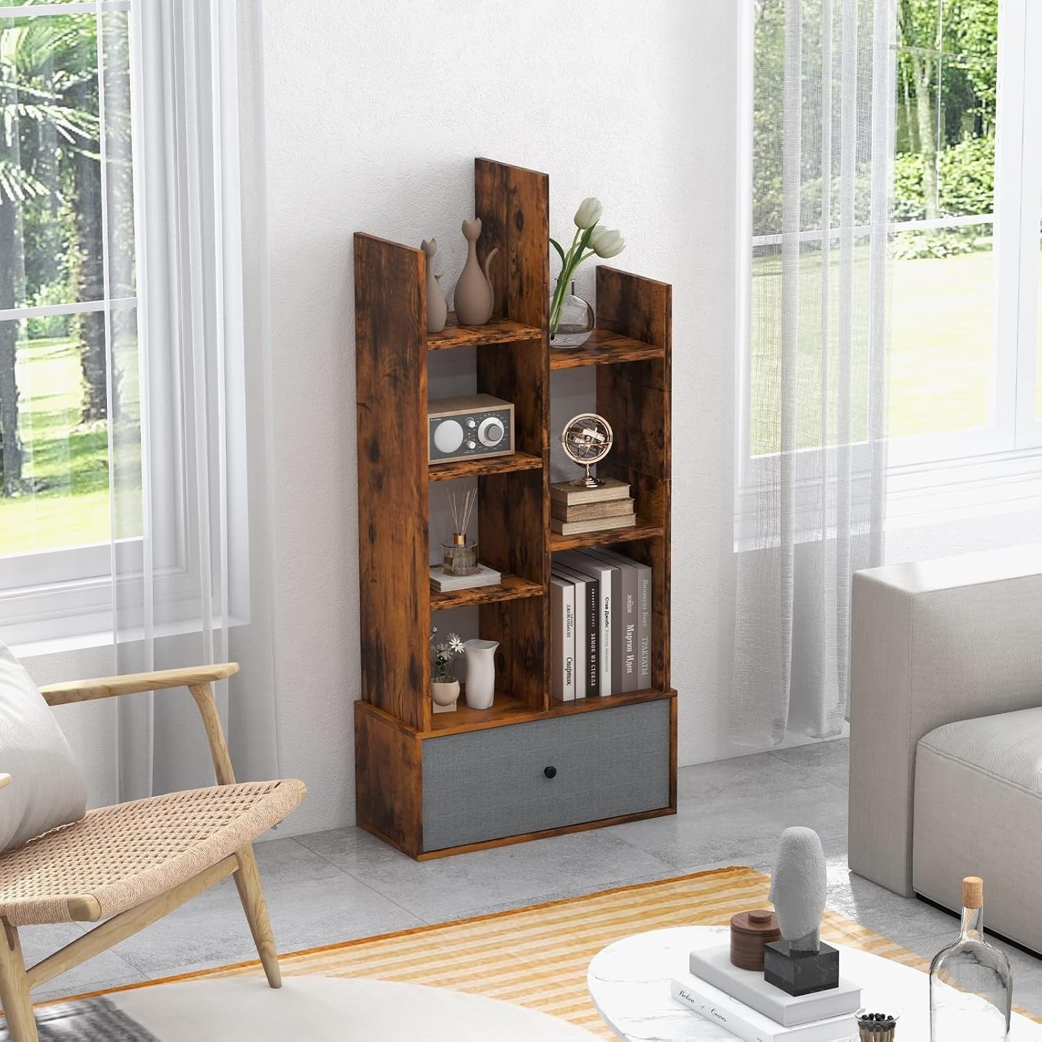 Rustic Brown Tree-Shaped Bookcase Tall 7 Cube Storage Shelf with Drawer