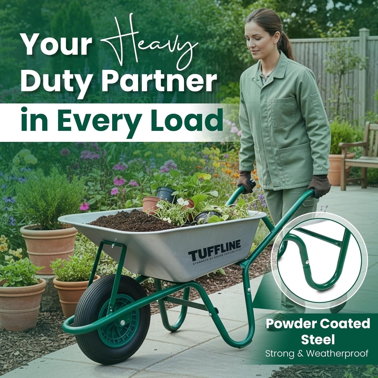 85L Garden Wheelbarrow – Galvanised Steel Tub w/ Puncture-Proof Tyre