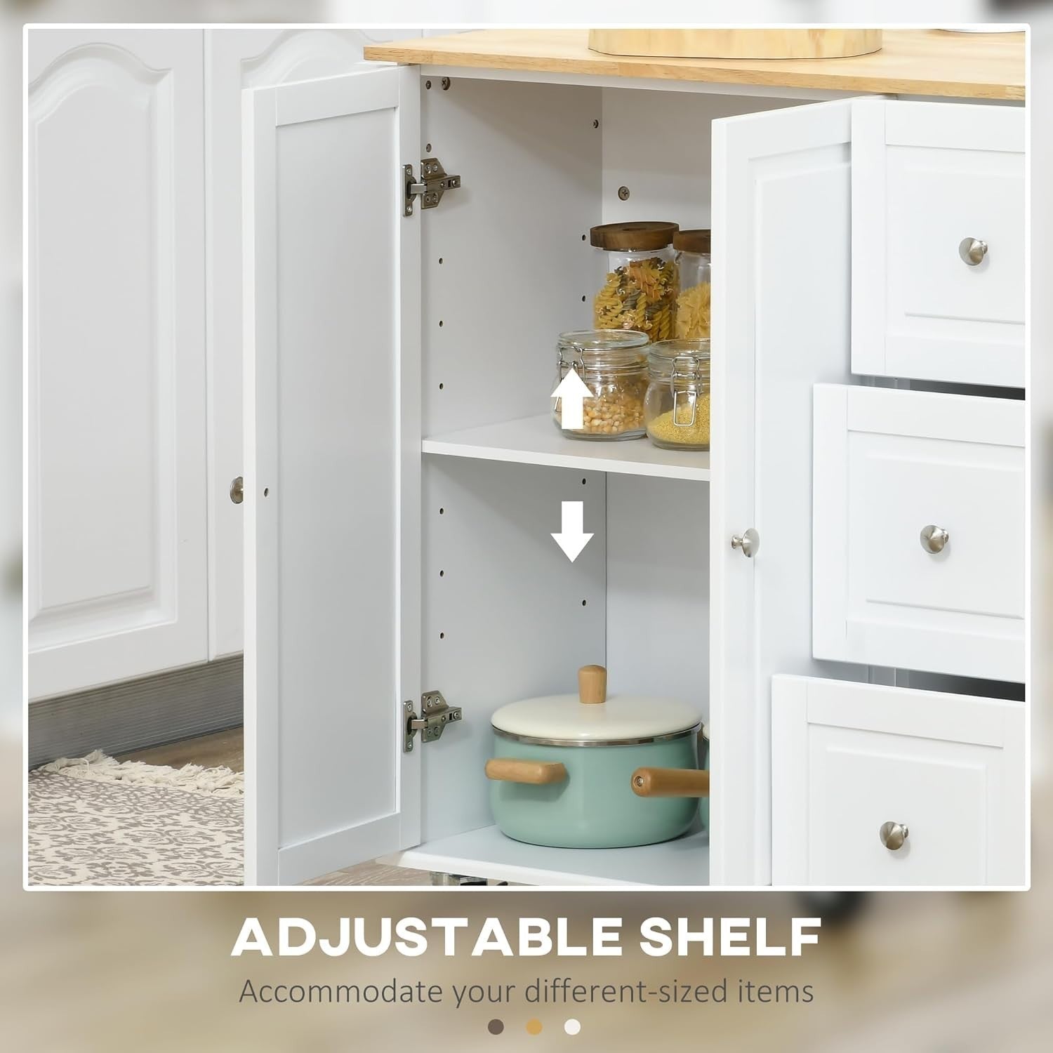 Rolling Kitchen Island Cart with Drop Leaf, 3 Drawers & Spice Rack, White