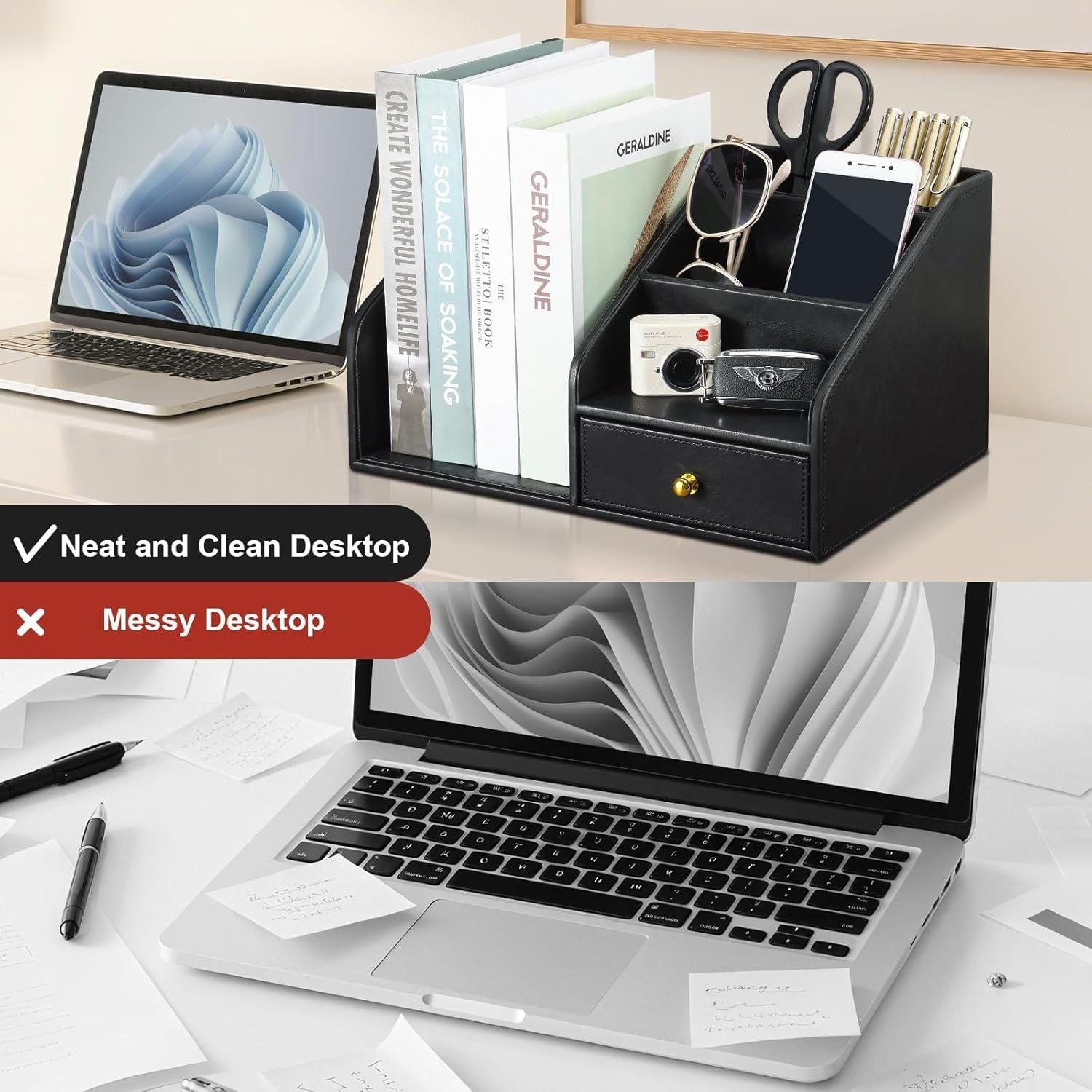 Black PU Leather Desk Organizer with A4 Magazine Rack & Pen Holder