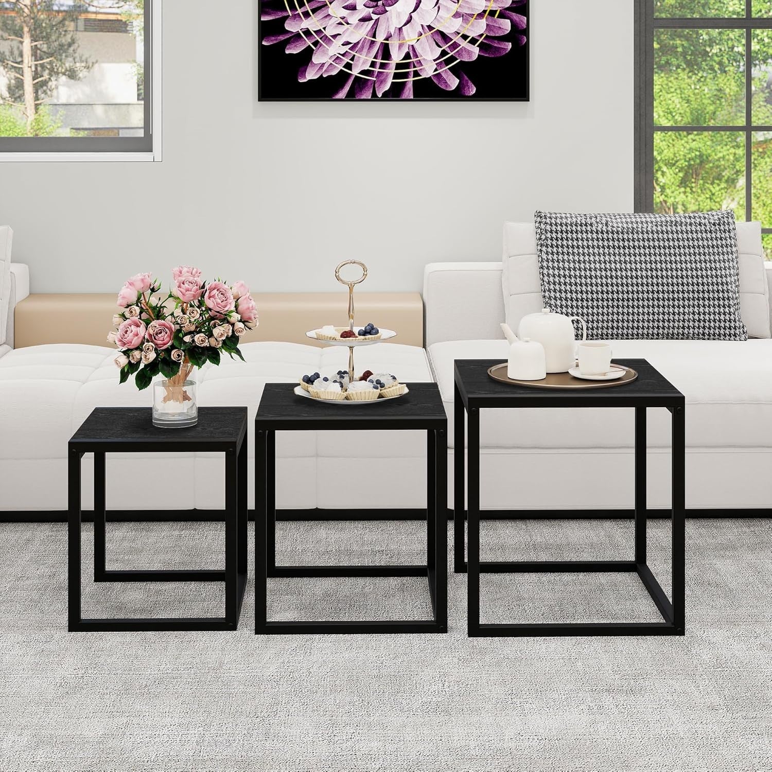 3pc Nesting End Side Tables Set Black Metal Legs Coffee Accent Stackable