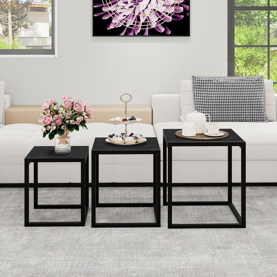 3pc Nesting End Side Tables Set Black Metal Legs Coffee Accent Stackable