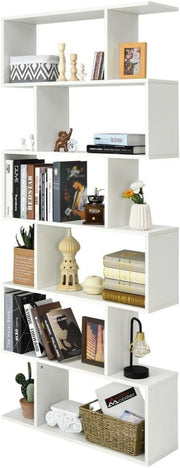 S-Shaped 6-Tier White Bookcase Modern Freestanding Storage Shelf Unit