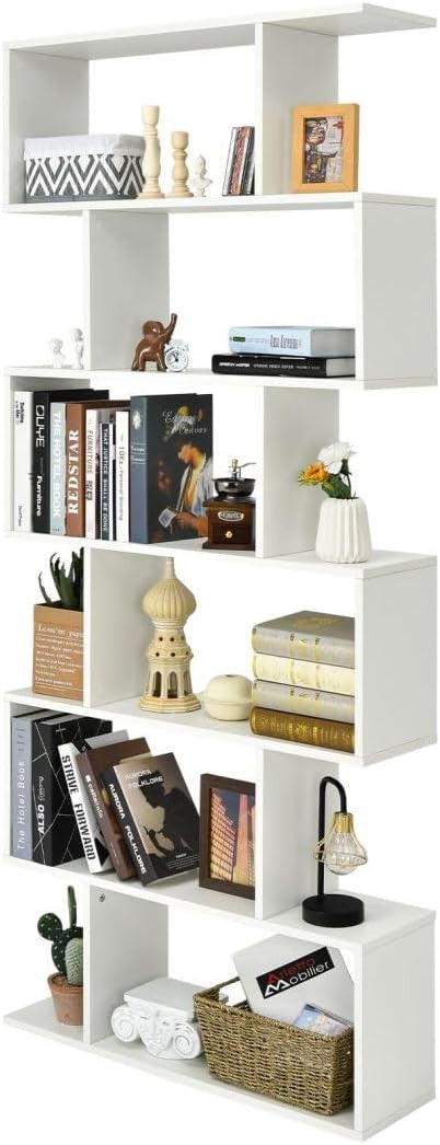S-Shaped 6-Tier White Bookcase Modern Freestanding Storage Shelf Unit