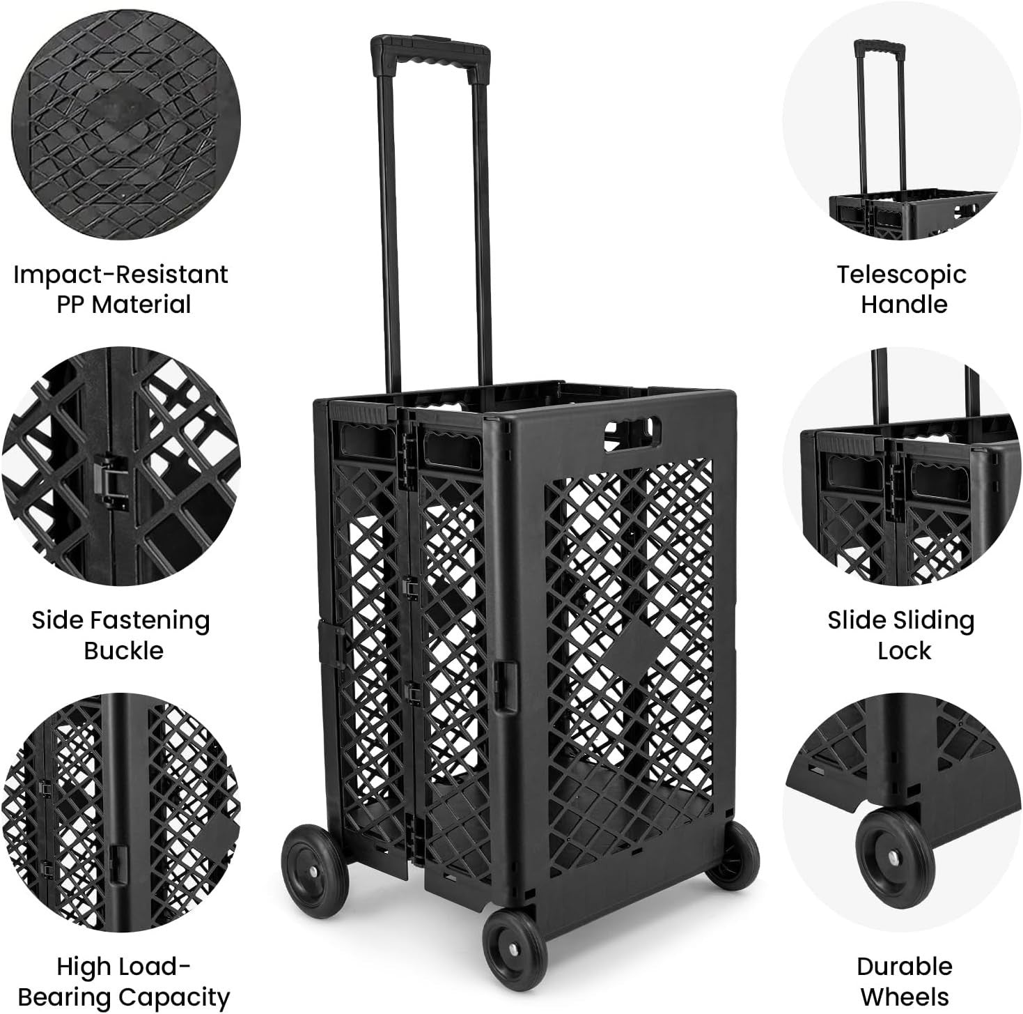 4-Wheel Foldable Shopping Trolley 65L Portable Cart Black Lightweight