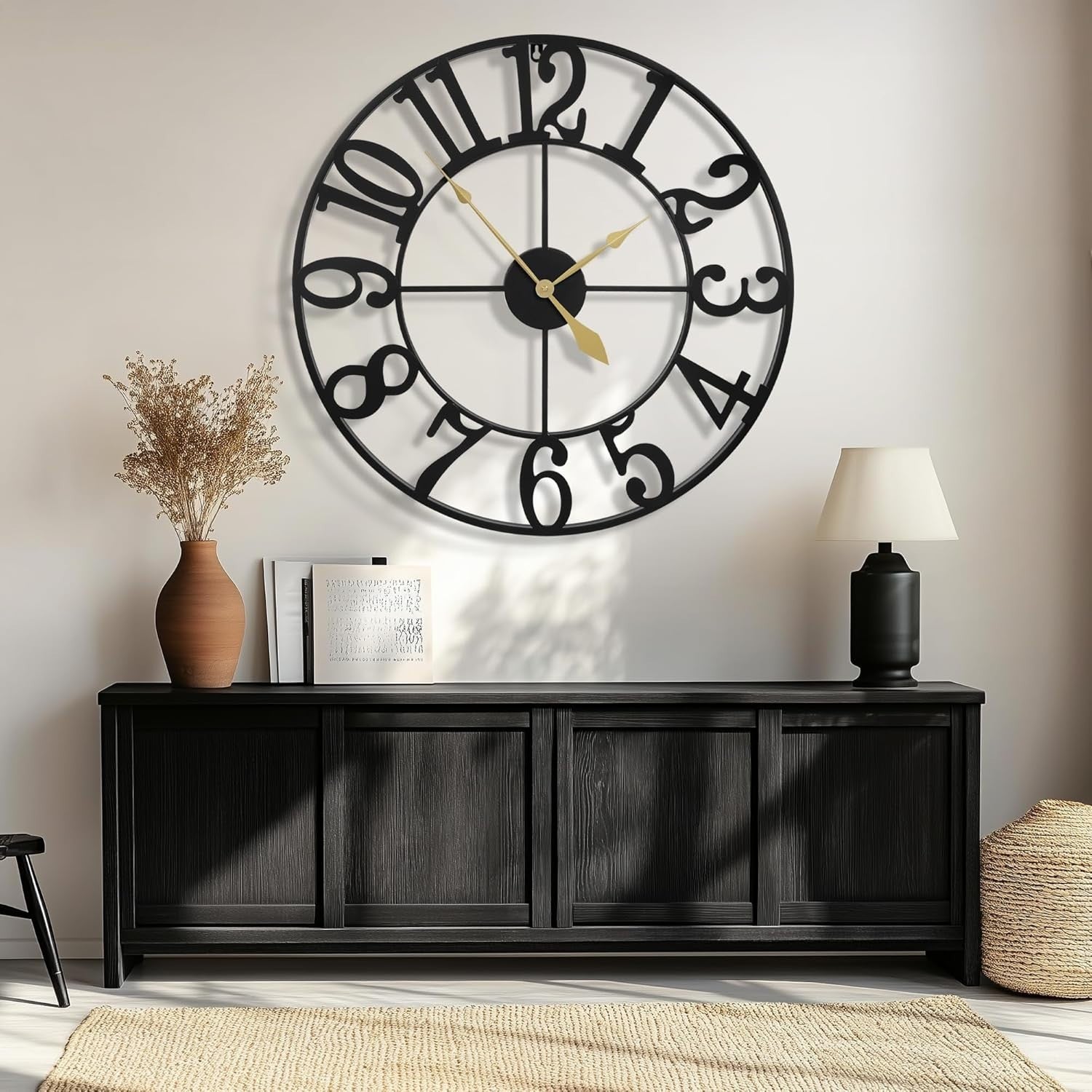 40 Inch Oversized Black Metal Wall Clock Silent Non-Ticking Farmhouse Decor