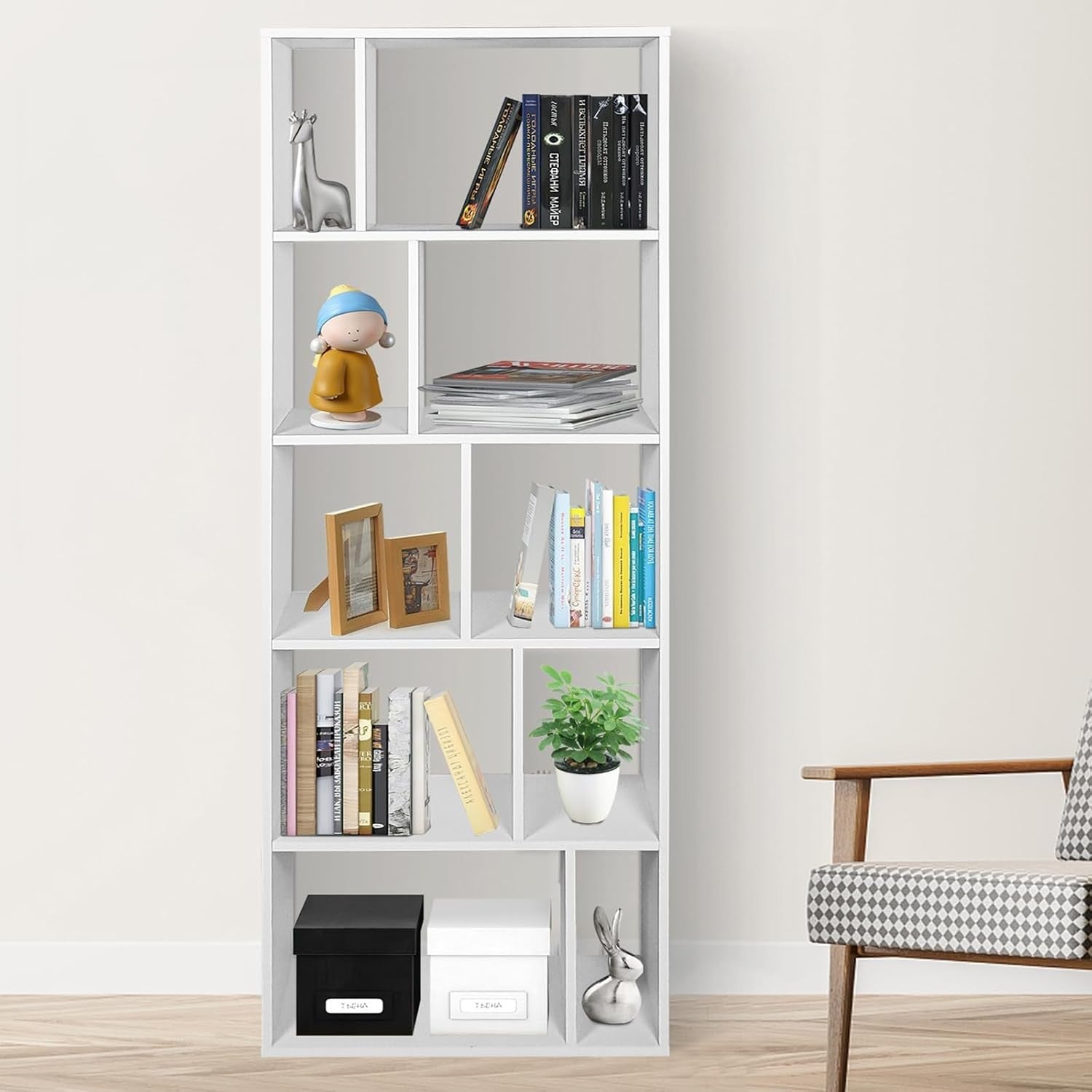 Tall 5-Tier White Bookshelf with 10 Compartments Modern Storage Display Unit