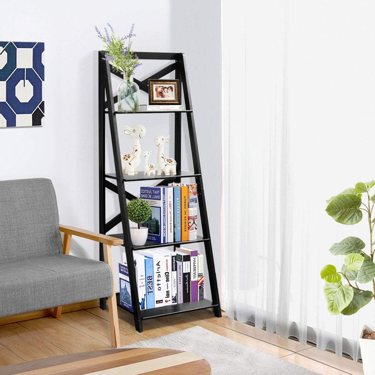 Modern 4 Tier Ladder Shelf Bookcase Leaning Display Storage Unit Black