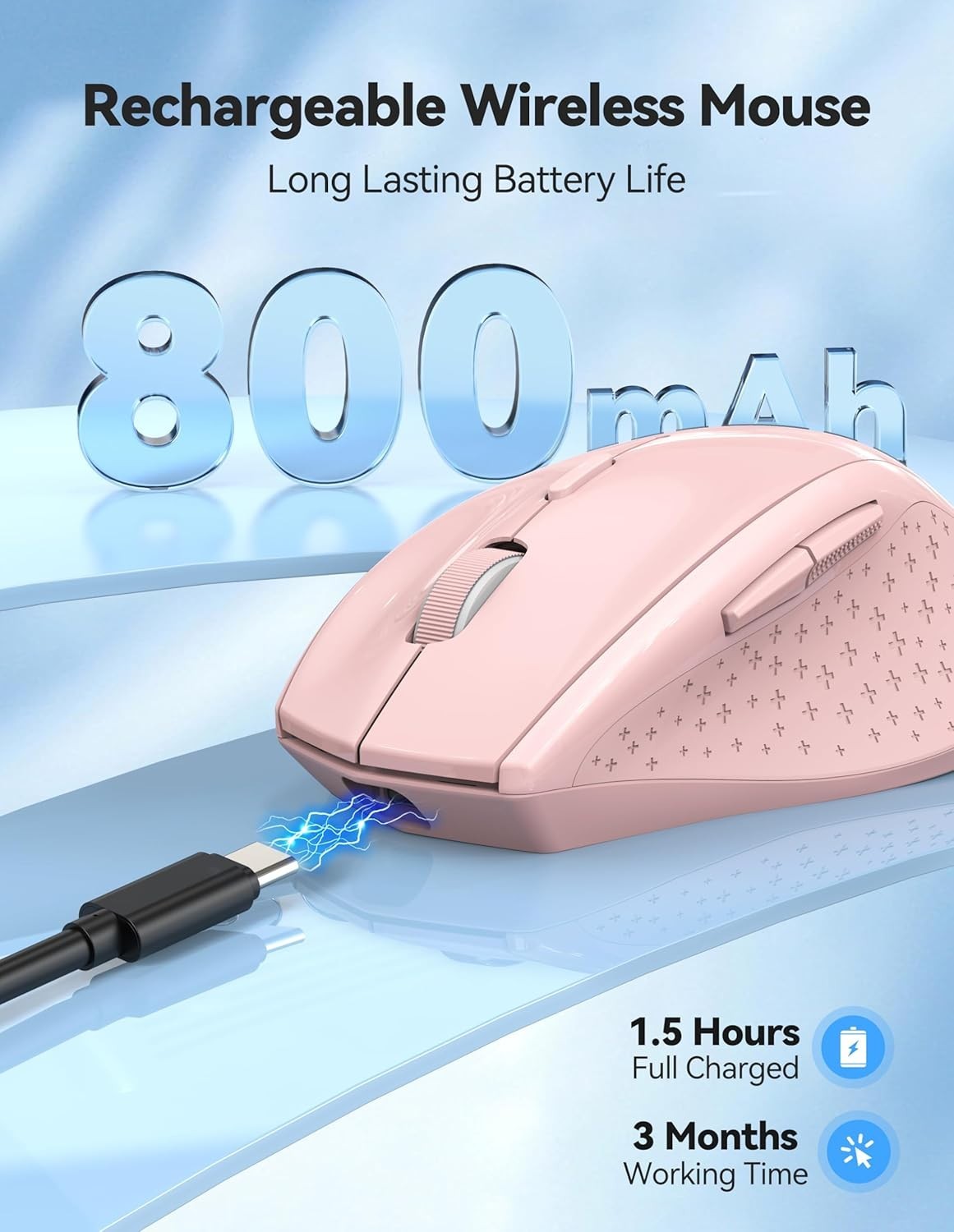 Pink Rechargeable Wireless Mouse 6400 DPI Silent Ergonomic USB for Laptop PC