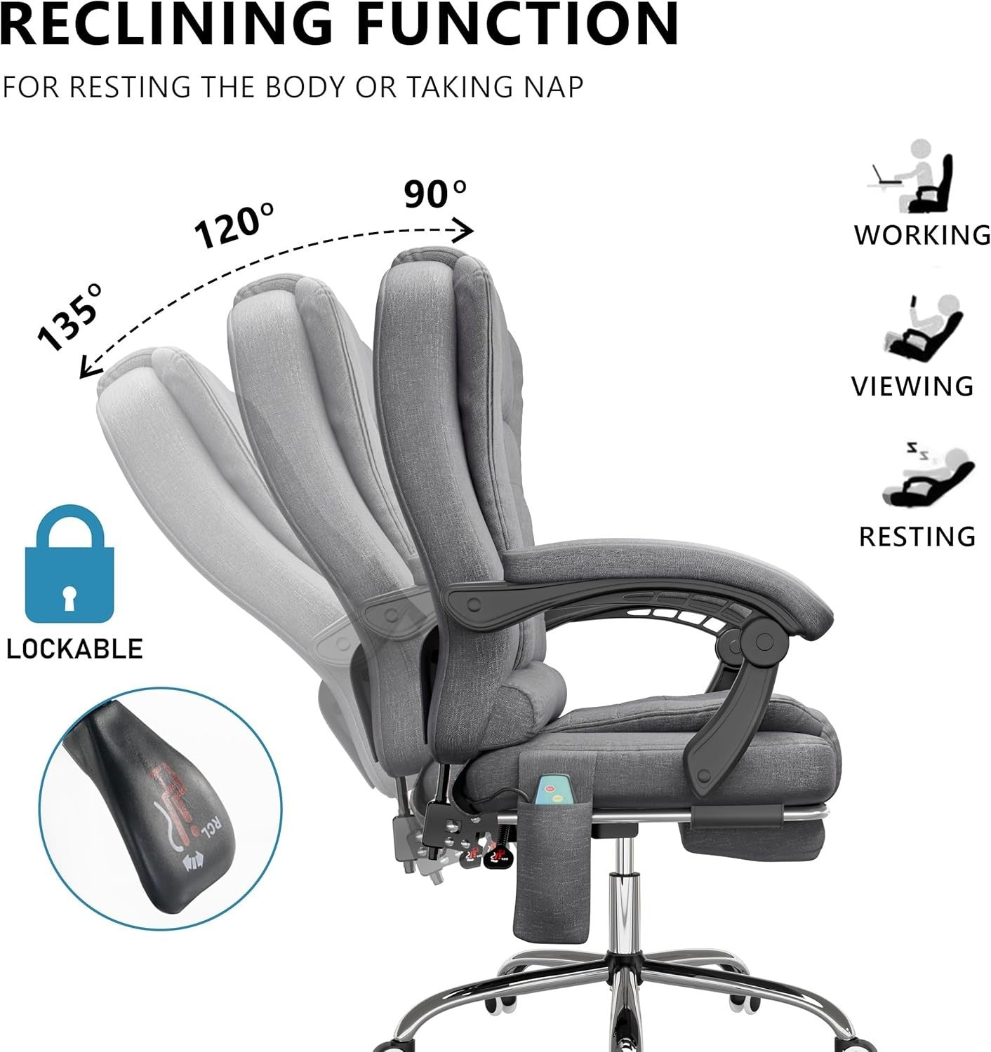 Luxury Massage Office Chair Recliner Linen High Back Desk Seat Footrest Grey