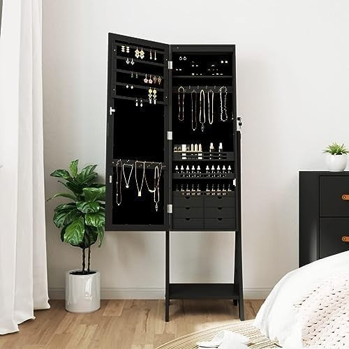 Lockable LED Jewelry Cabinet Full Length Mirror Storage Organizer Unit