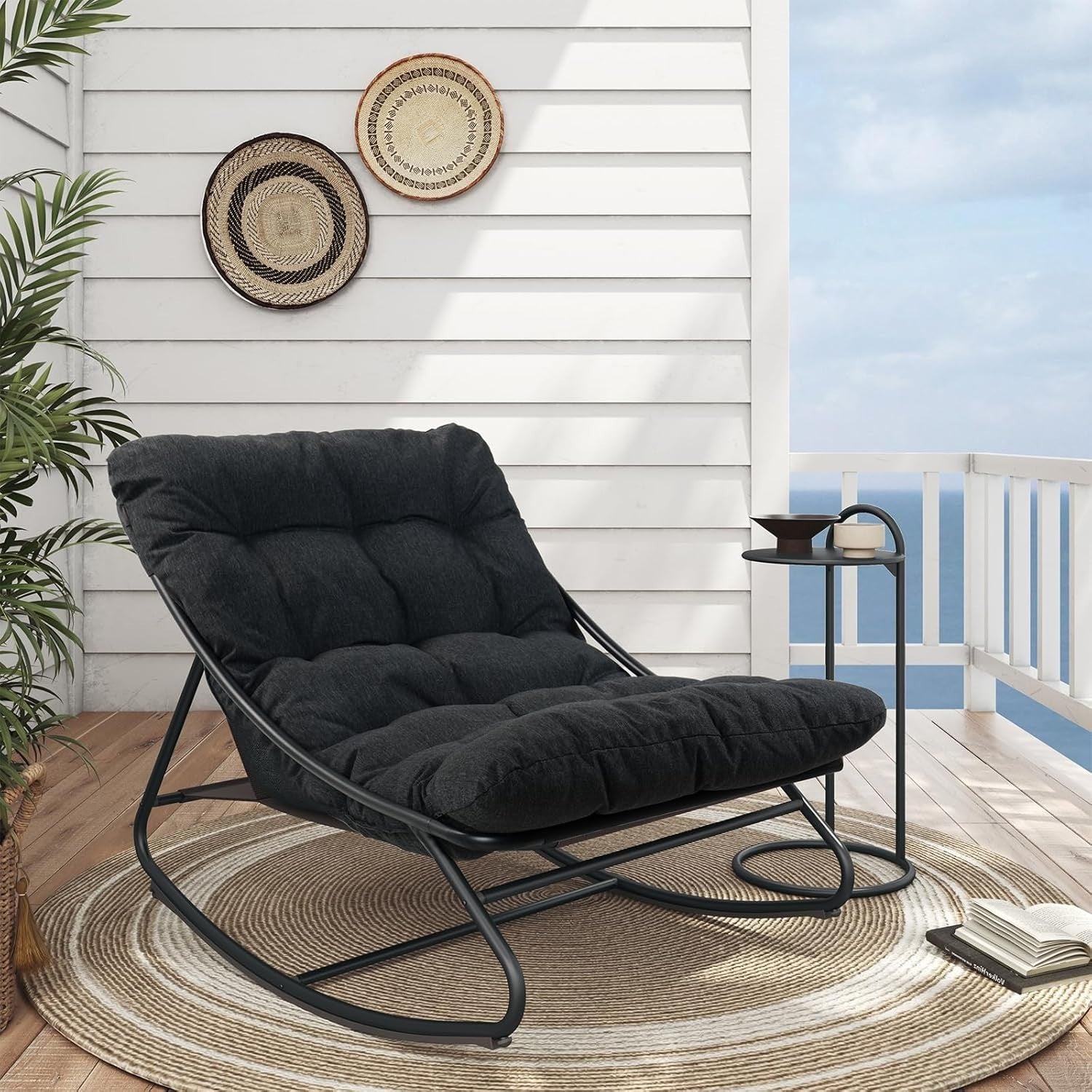Modern Patio Rocking Chair with Side Table & Water-Resistant Cushion
