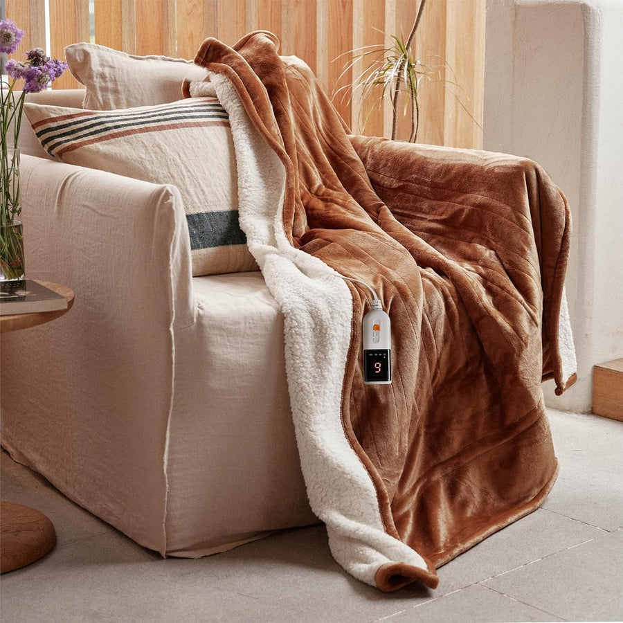 Electric Heated Throw Blanket 130x180cm Plush 9 Heat Timer Auto Off Washable