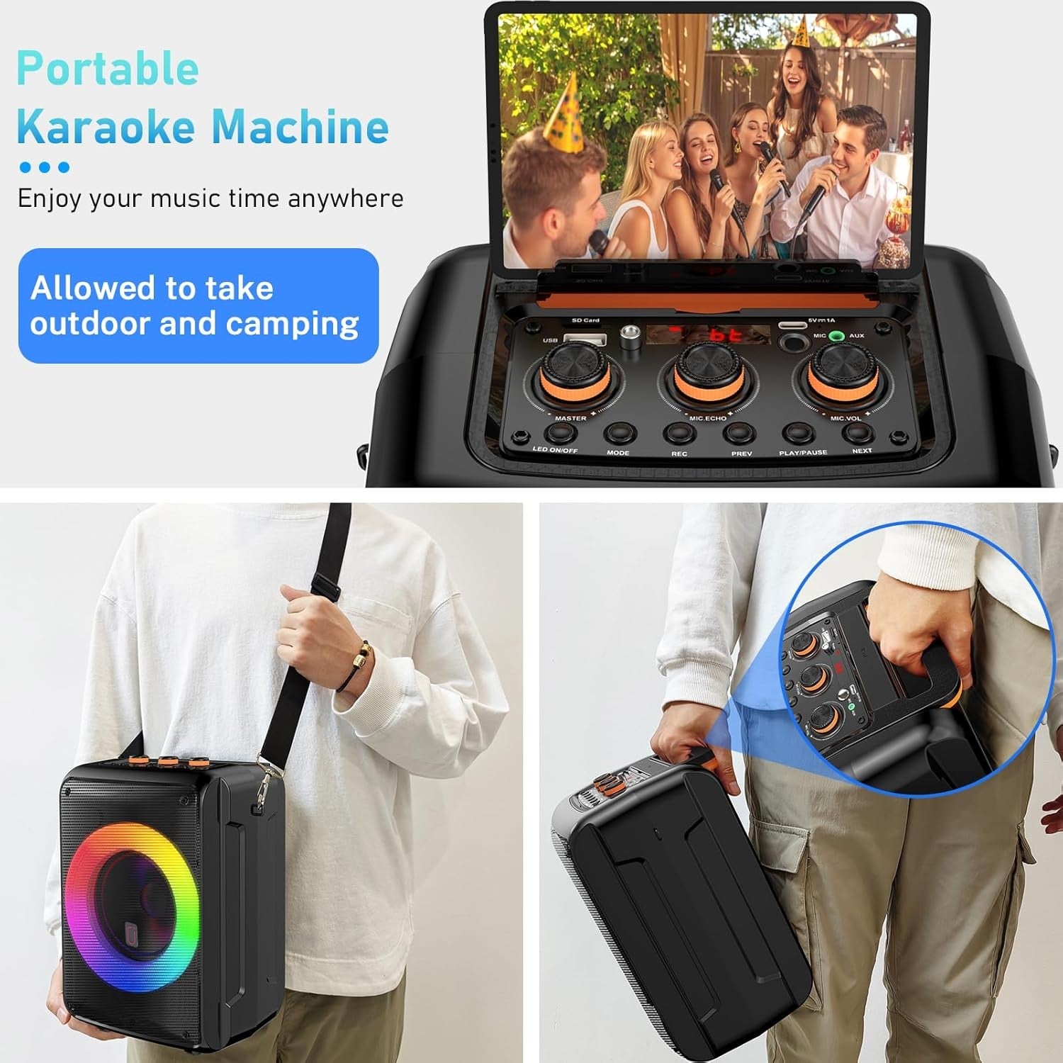 Portable Karaoke Machine 2 Mics Bluetooth 5.3 DJ Lights TWS