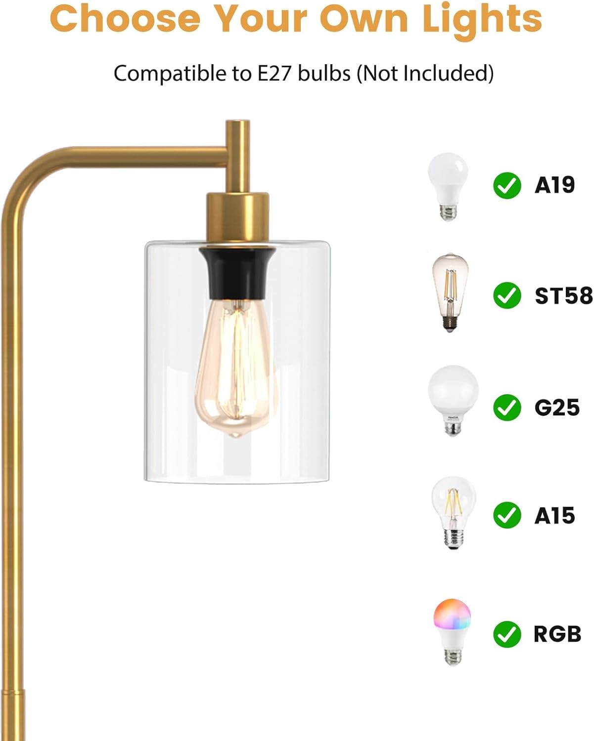 Industrial Floor Lamp Gold Glass Shade Tall Standing Light with Foot Switch