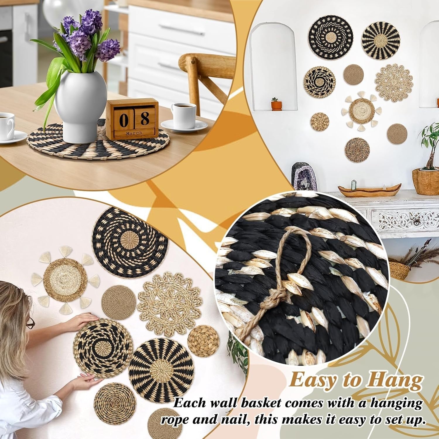 Boho Woven Wall Basket Set 9pcs Rattan Willow Round Decor