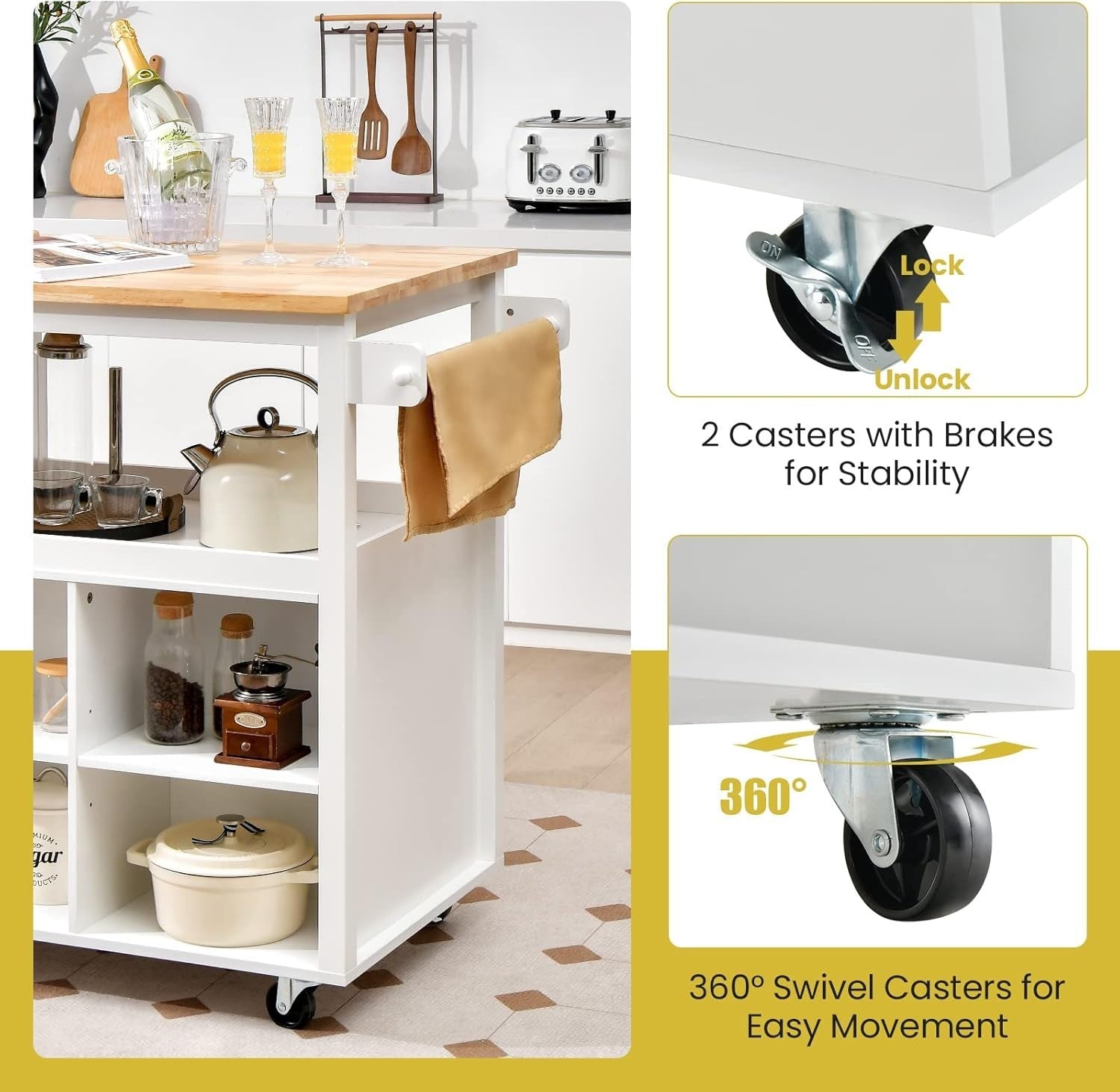 White Large Kitchen Island Cart Rubber Wood Top