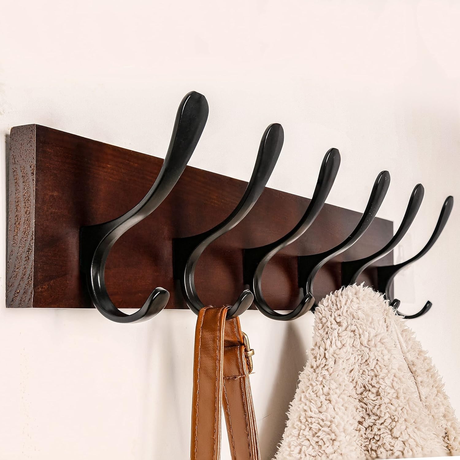 Wooden Wall Coat Rack Set | 2x 6 Hook Hanger Racks Brown & Black Finish