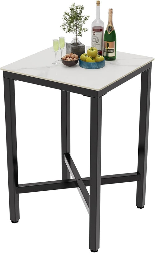 Sintered Stone Square Bar Table 70×70cm Glossy White Marble Effect 105cm High