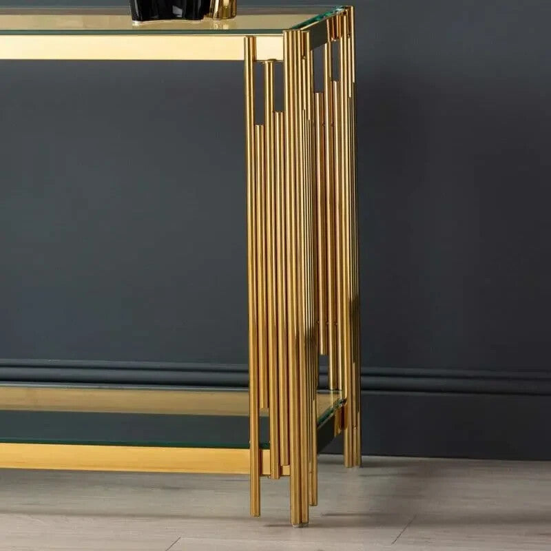 Gold Glass Console Table Modern 2 Tier Entryway Shelf Steel Frame