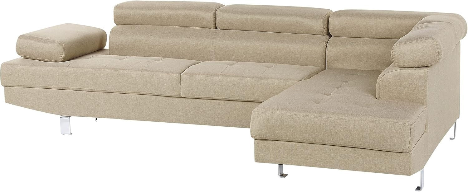 Large 5-Seater Corner Sofa Fabric Upholstered Light Beige Adjustable Headrests