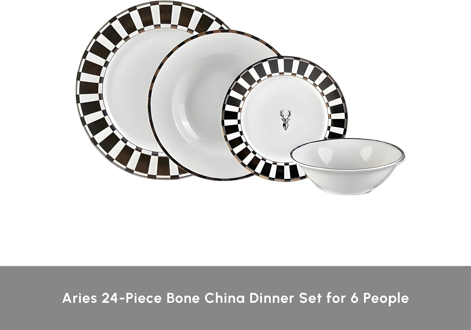 24pc Black White Dinner Set for 6 Bone China Plates Bowls Luxury Checked