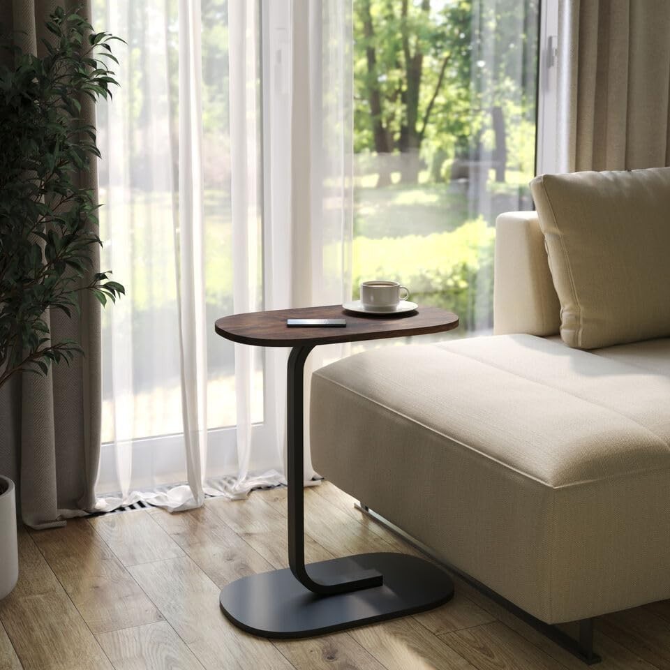 C-Shaped Side Table, Rustic Brown Wood & Metal End Table for Bedside.