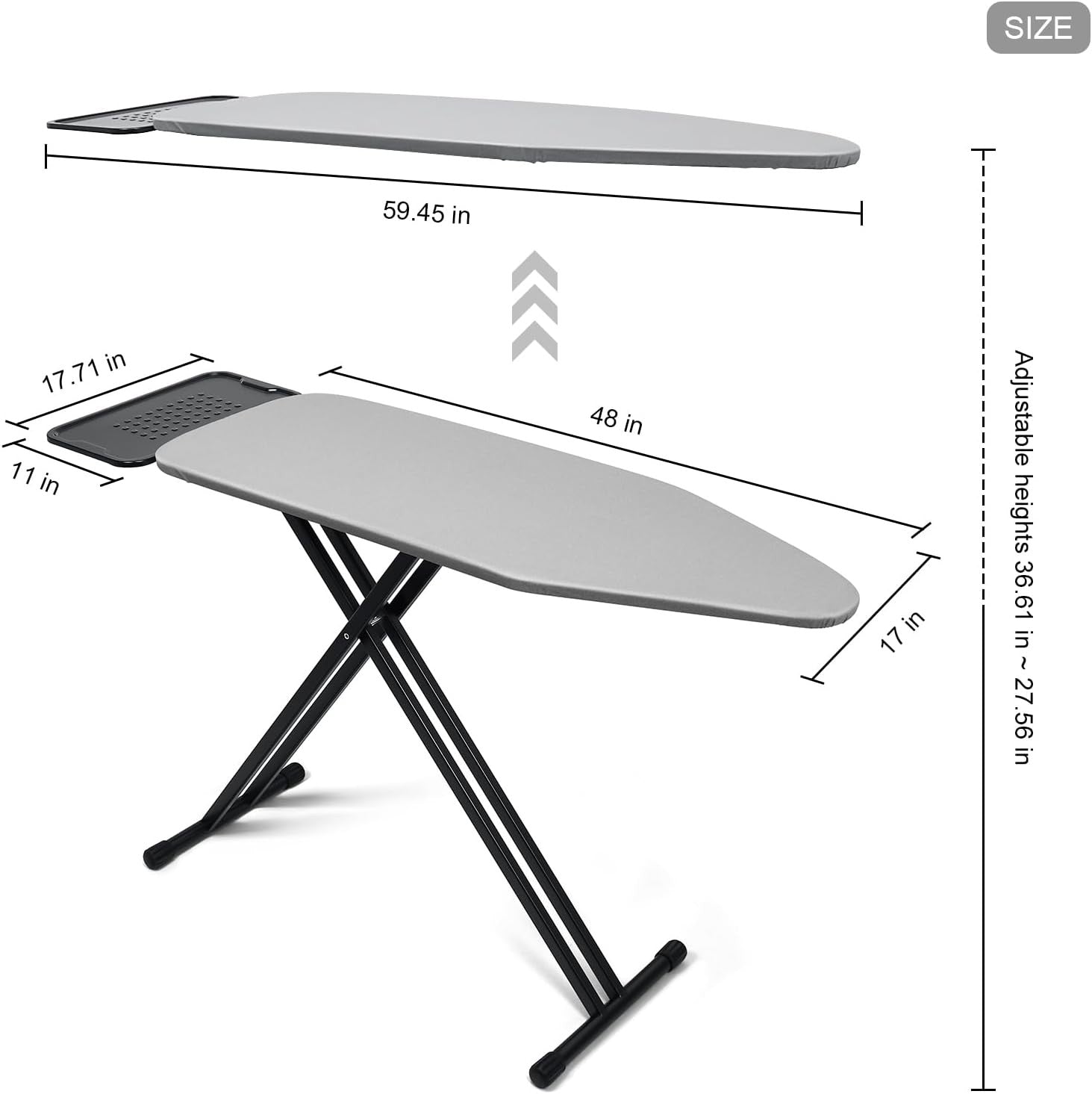 Extra Large Ironing Board 122x43cm Adjustable Height Foldable Heavy Duty Grey