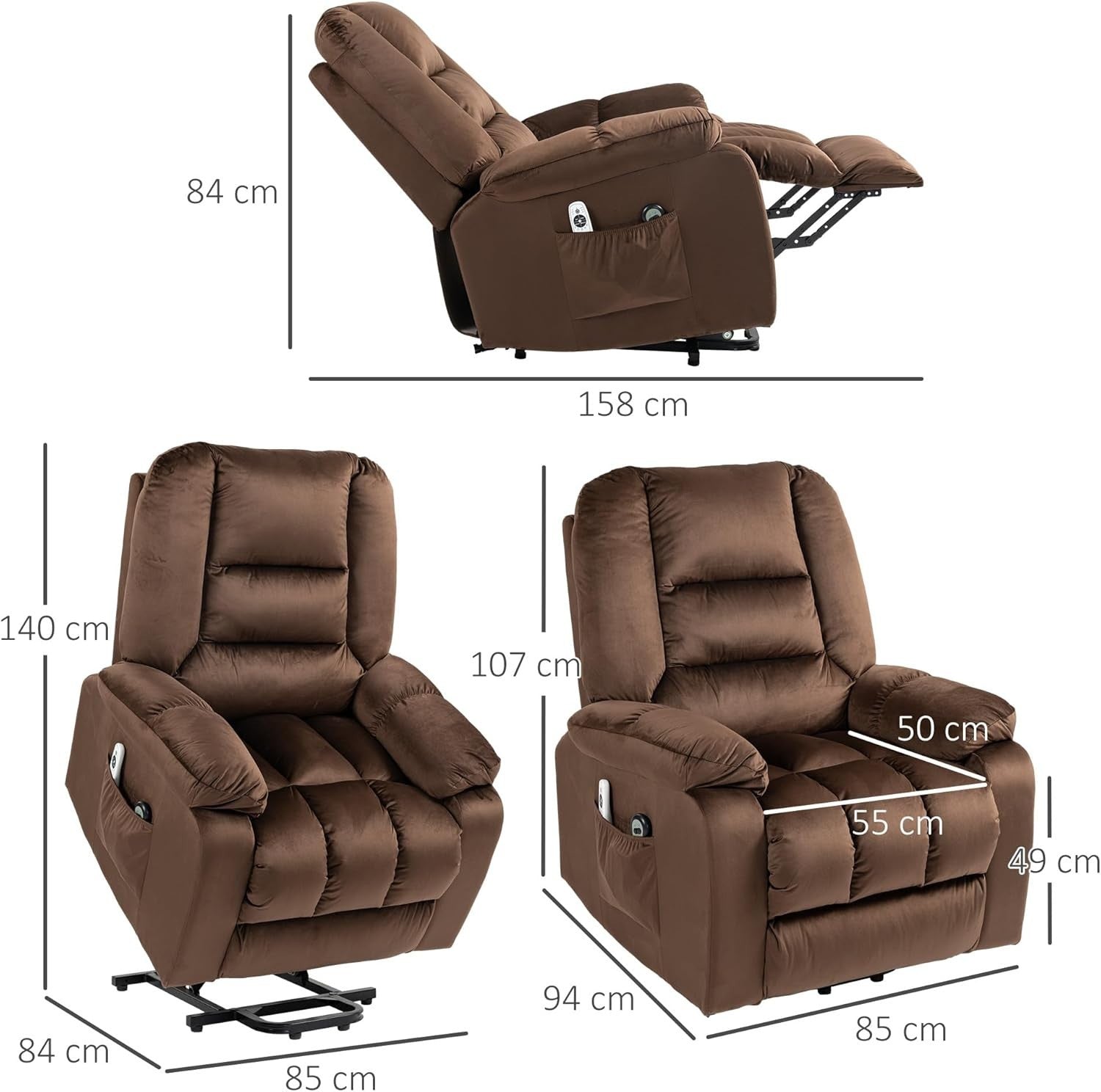 Velvet Lift Recliner Chair Massage Heat Riser Armchair for Elderly Brown
