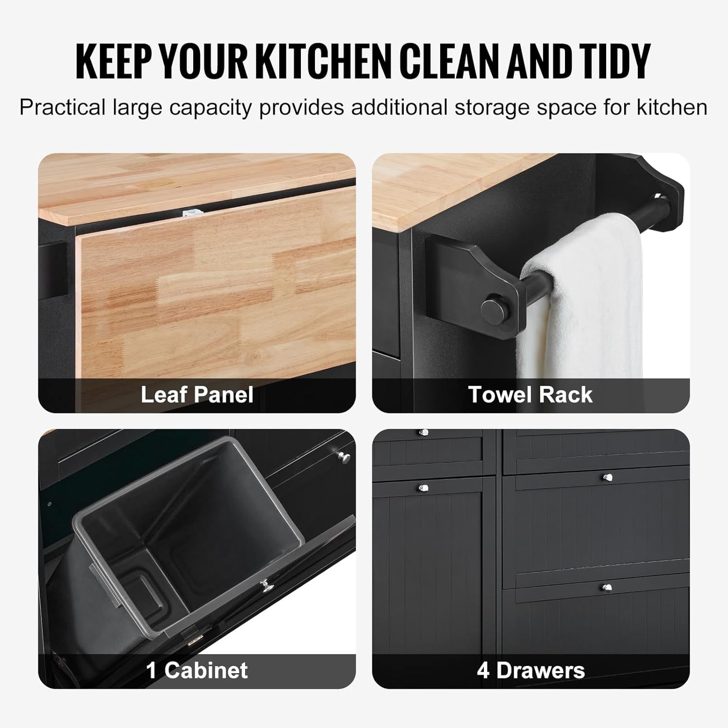 50" Kitchen Island Cart with Drop Leaf, Trash Cabinet, Drawer & Storage – Black