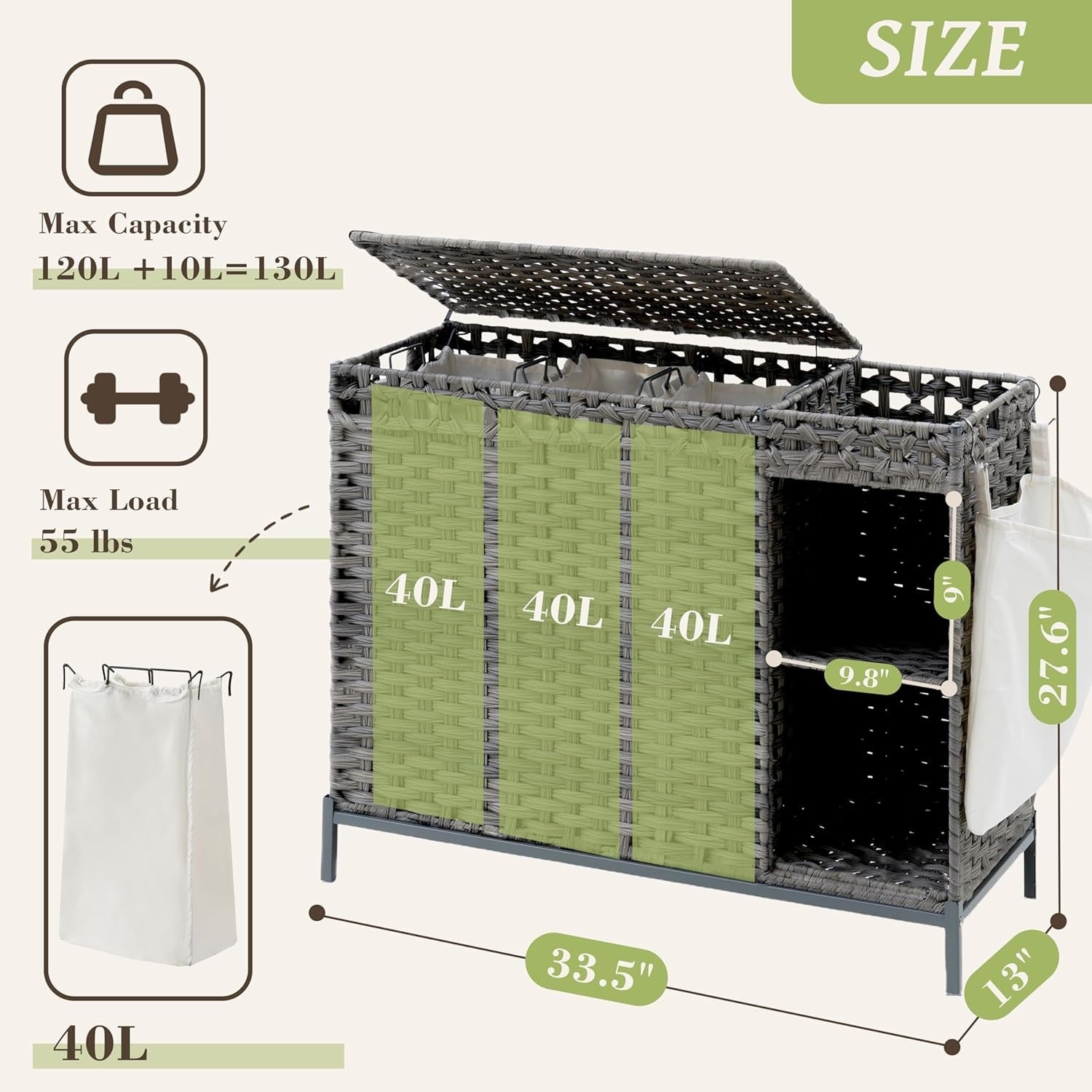 130L Grey Rattan Laundry Hamper 3 Section Basket with Lid & Storage Shelf