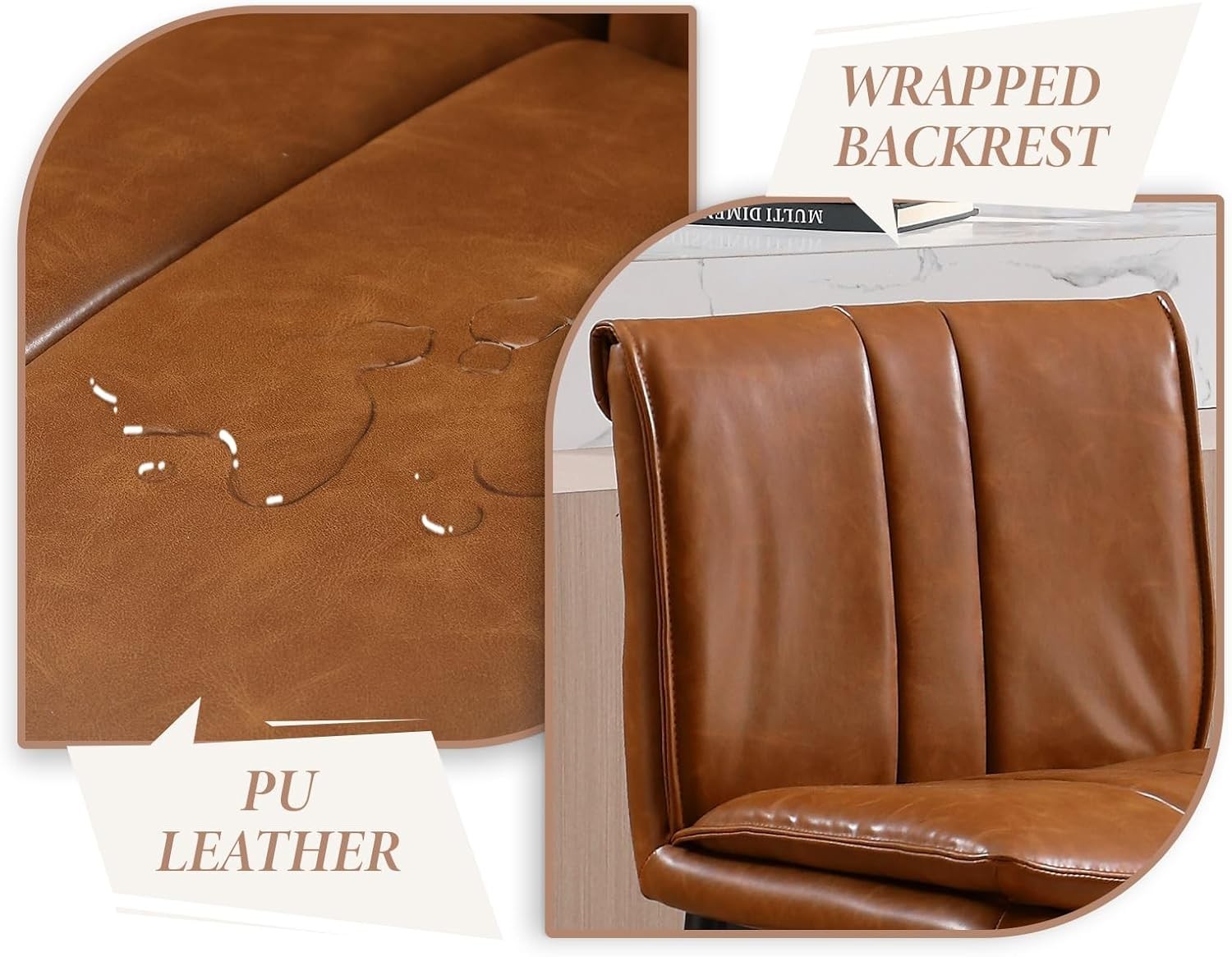 Brown Bar Stools Set of 2 – Faux Leather Counter Chairs with Footrest