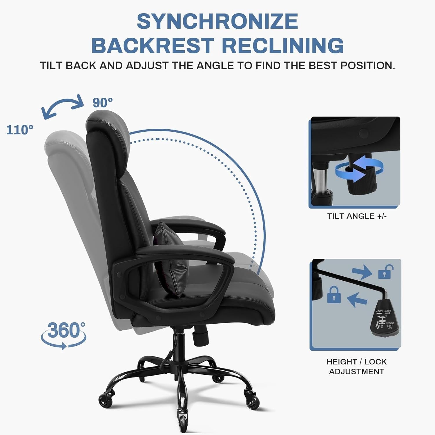 Ergonomic Office Chair Swivel Desk Chair Adjustable Lumbar Pillow PU Leather