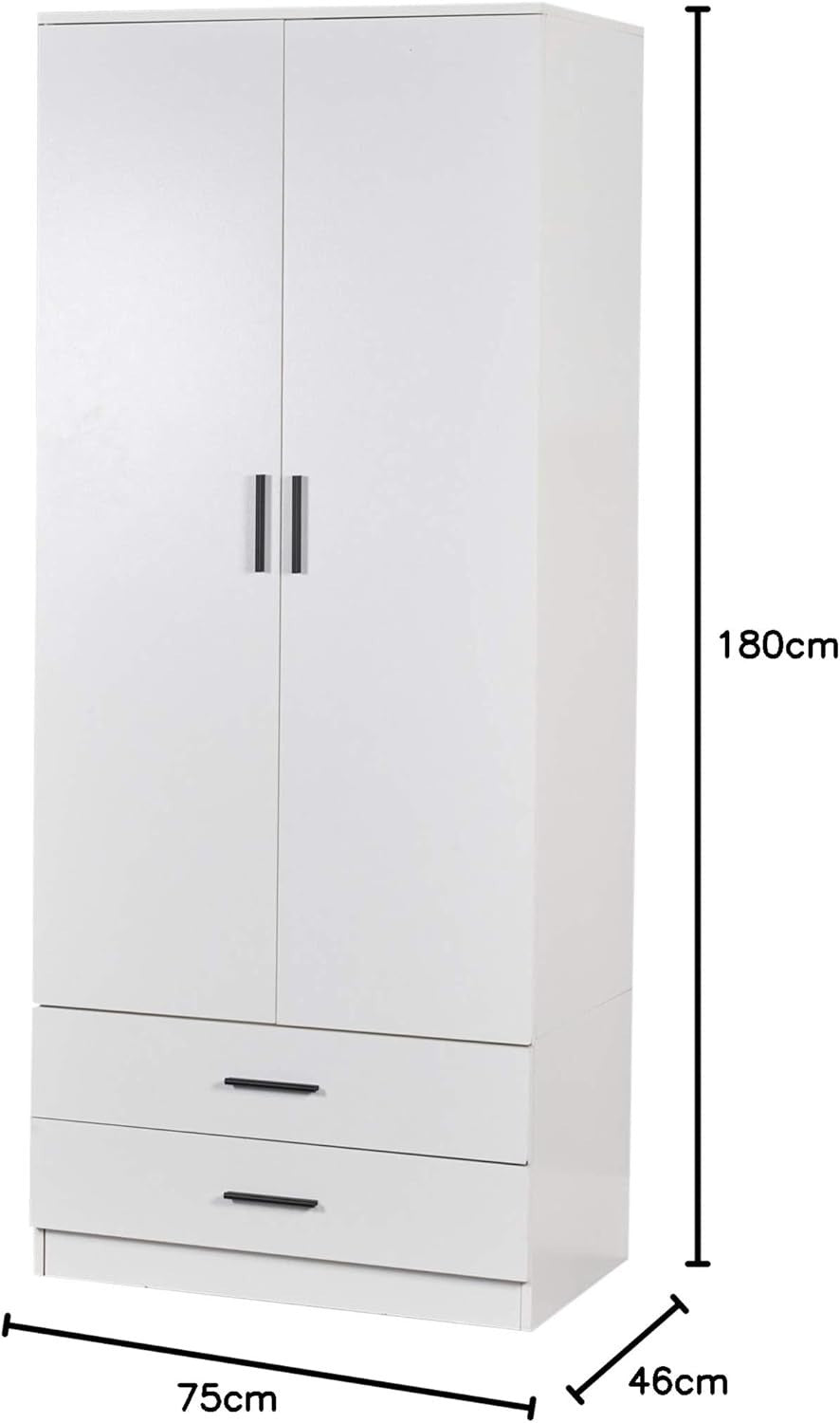 2 Door Wardrobe White Drawers Bedroom Storage Cabinet with Hanging Rail