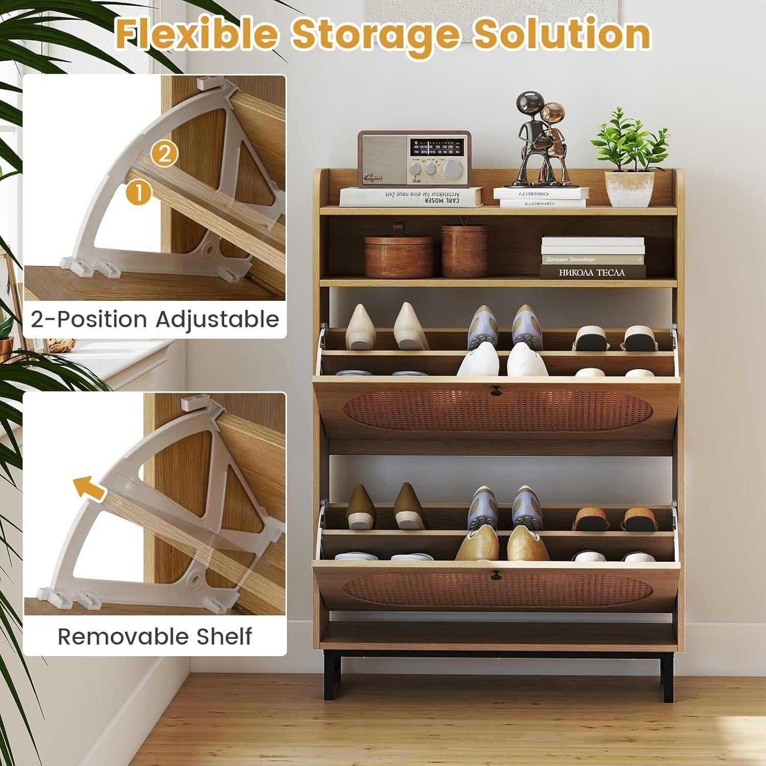 Narrow Rattan Shoe Cabinet with 2 Flip Drawers & Open Shelf 80x24x115cm