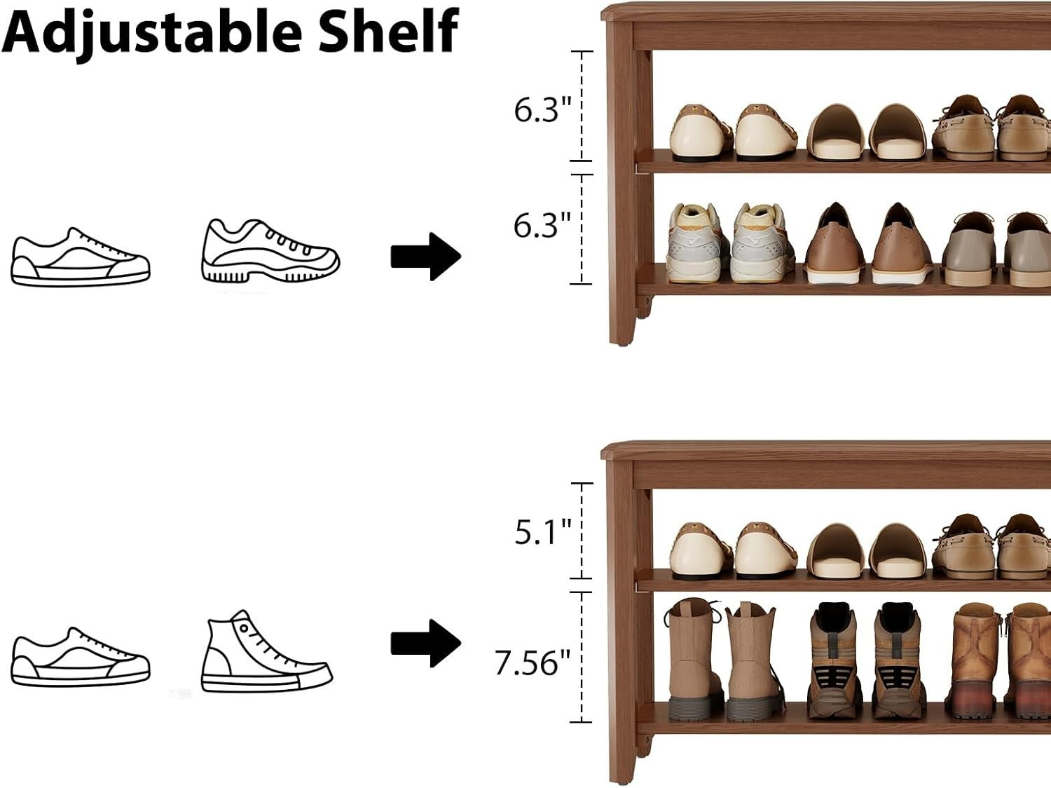 Large Wooden Shoe Bench with Adjustable Shelf | 2-Tier Walnut Entryway Seat