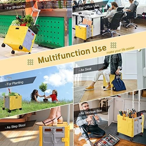 Foldable Grocery Trolley Cart 50Kg Portable Storage Box w/ Lid Yellow