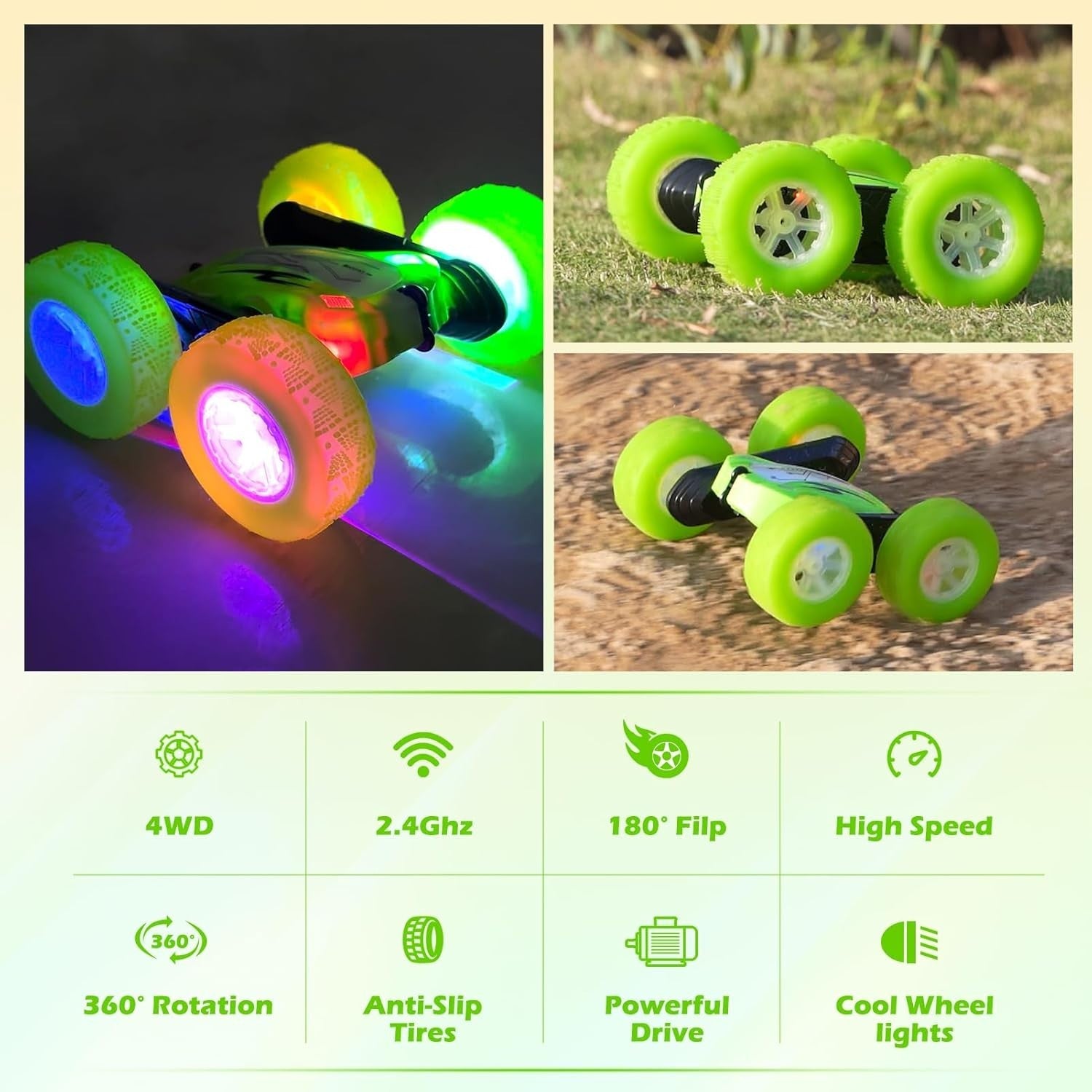 360° Flip RC Stunt Car Green LED Light Wheels 2 Batteries Remote Control Toy 6+