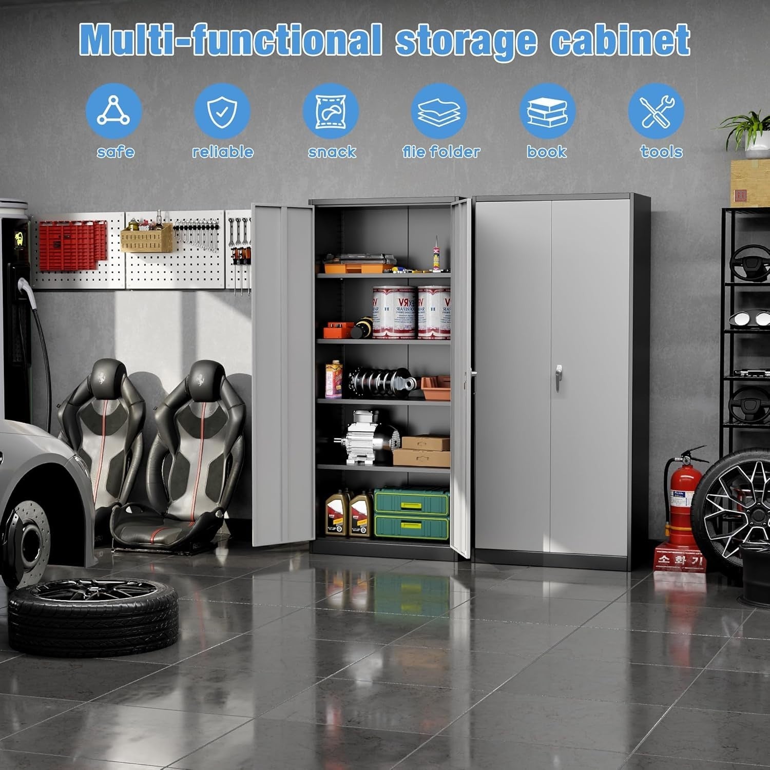 Black Grey Tall Metal Storage Cabinet 80x40x180cm Lockable Steel