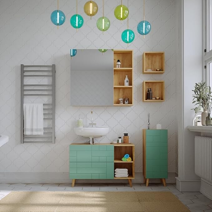 Mint Green Oak Sink Cabinet 90cm Vanity Unit with Drawers & Open Shelf Modern