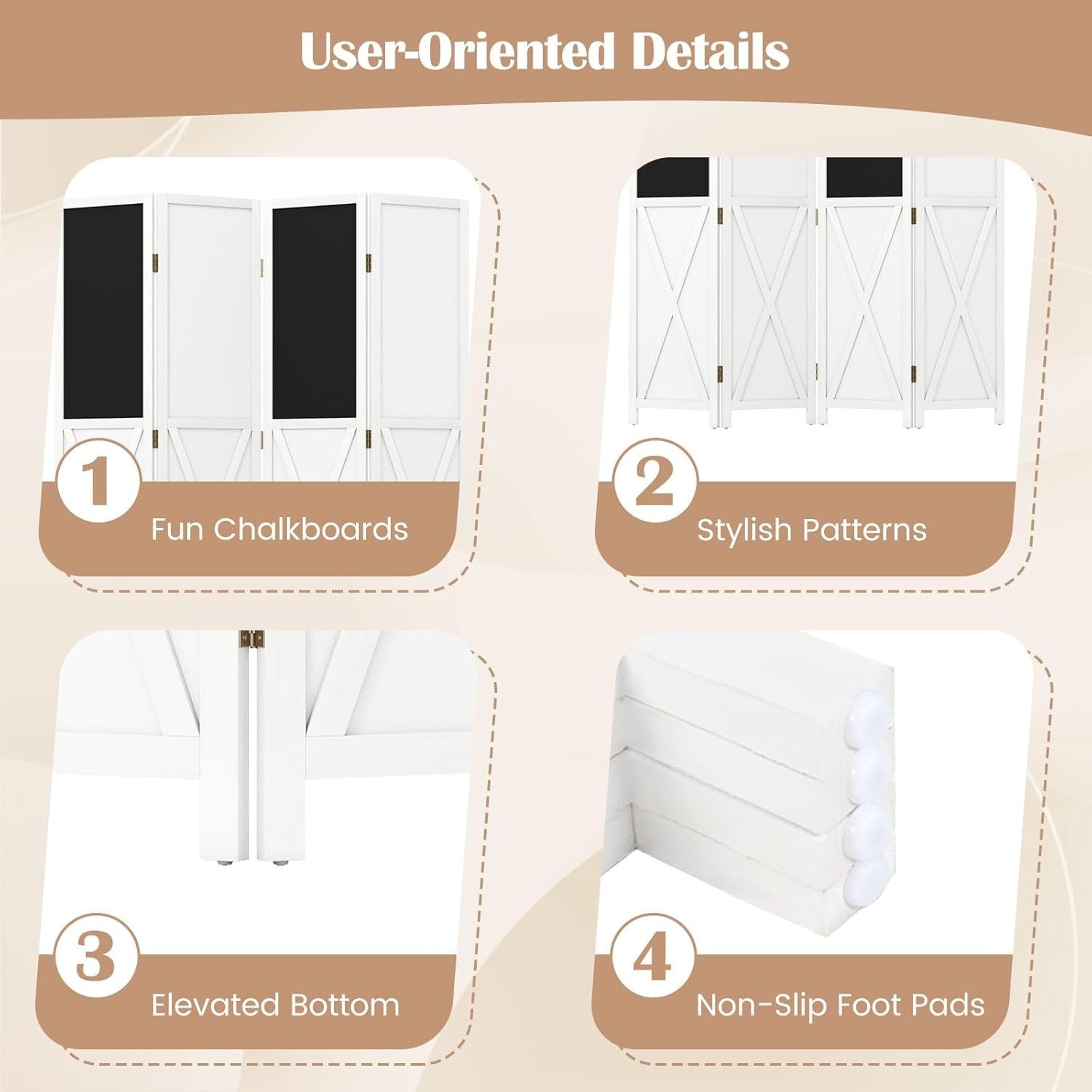 4 Panel White Folding Room Divider with Blackboard & Whiteboard 160x170cm