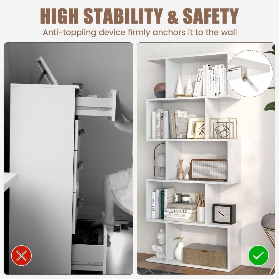 Modern S-Shape 5 Tier Bookshelf White | Freestanding Display Shelving Unit 70×15