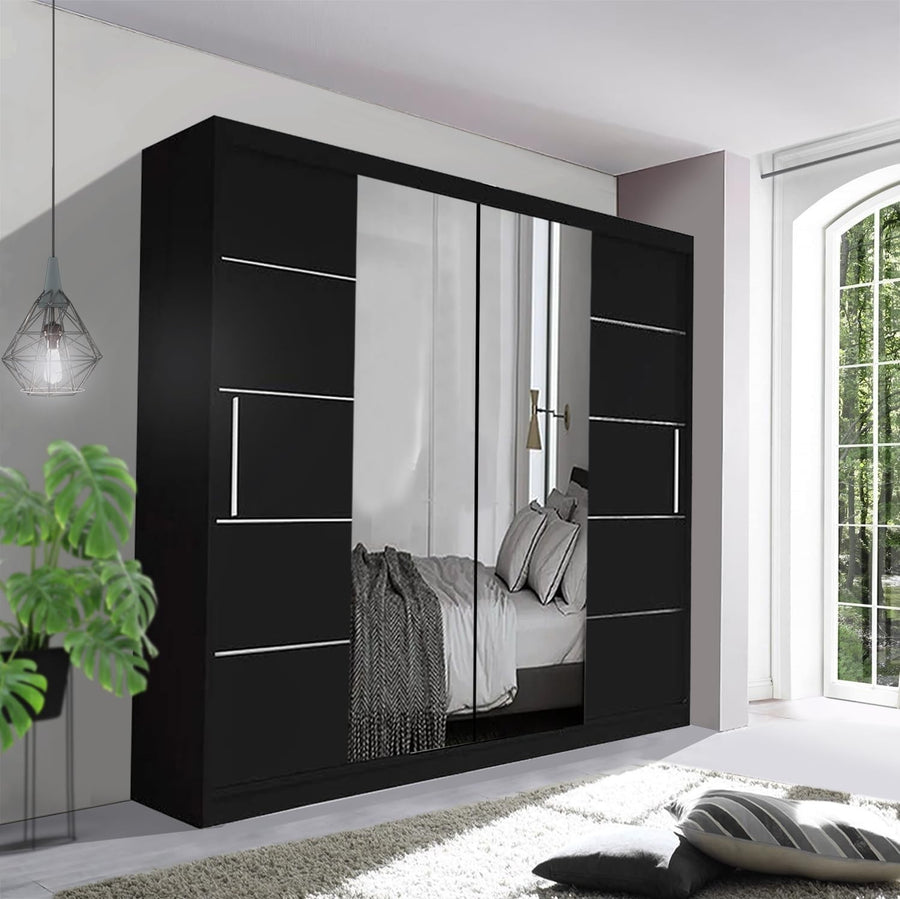 150cm Black Sliding Mirror Wardrobe – Modern Bedroom Storage with Shelves